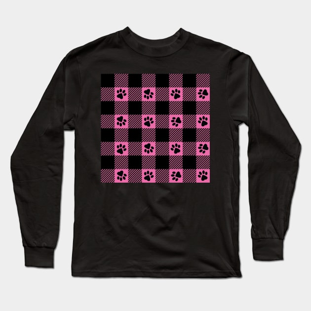 Pink Paw Print Plaid Long Sleeve T-Shirt by PLLDesigns